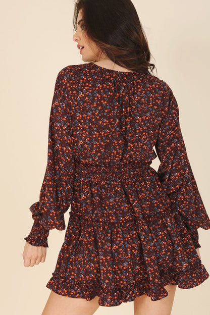 Ditsy Floral V-Neck Long Sleeve Mini Dress