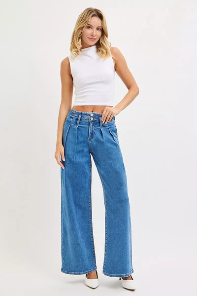 RISEN Wide Leg Jeans - Mid Rise Pleated Detail - Fashions Envy