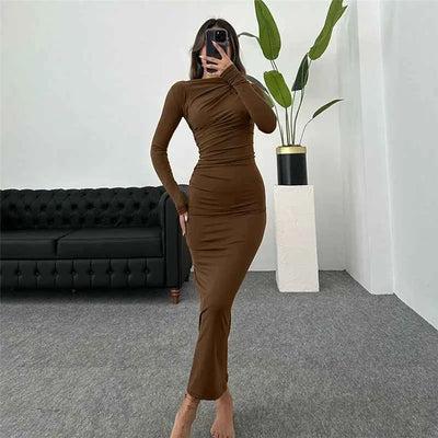 Pleated Maxi Dress - Bodycon Fitted Long Sleeve Elegant