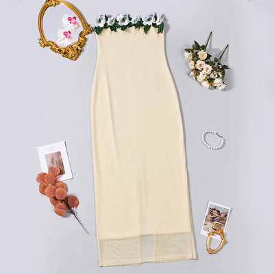 Strapless Backless Maxi Dress - 3D Floral Detail - Fashions Envy