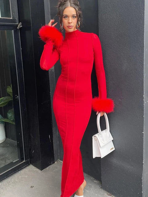 Red Feather Trim Prom Dress - Long Sleeve Maxi Gown
