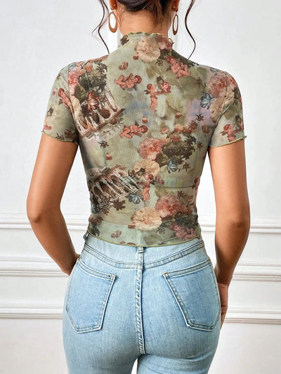 Abstract Print Ruffled Mock Neck Crop T-Shirt - Fashions Envy