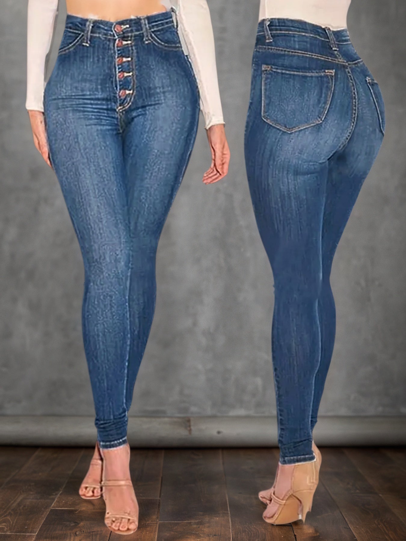 High Waisted Buckle Jeans - Mid Blue Fashion Style - Fashions Envy