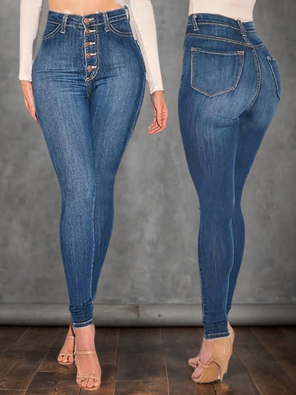 High Waisted Buckle Jeans - Mid Blue Fashion Style - Fashions Envy