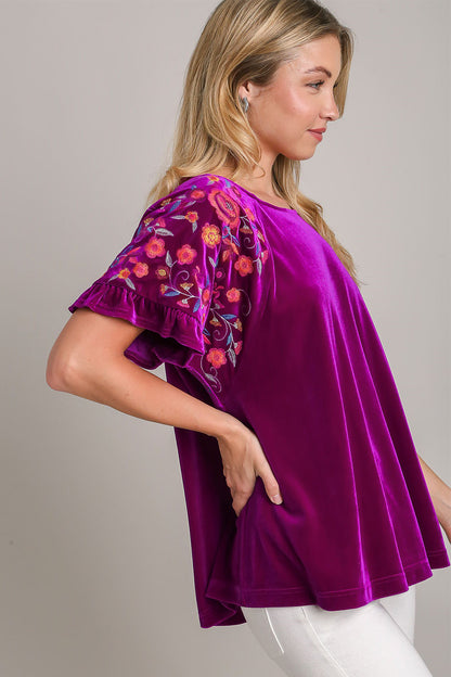 Violet Full Size Velvet Embroidery Short Sleeve Blouse