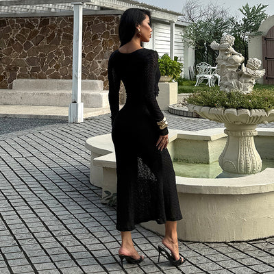 Ribbed Evening Gown - Long Sleeve V-Neck Bodycon Dress - Fashions Envy