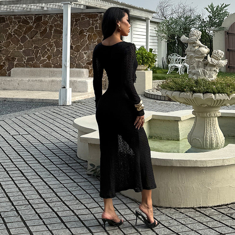 Ribbed Evening Gown - Long Sleeve V-Neck Bodycon Dress