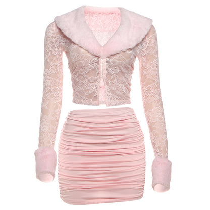 Lace Top and Pleated Skirt Set - Long Sleeve Two Piece - Fashions Envy