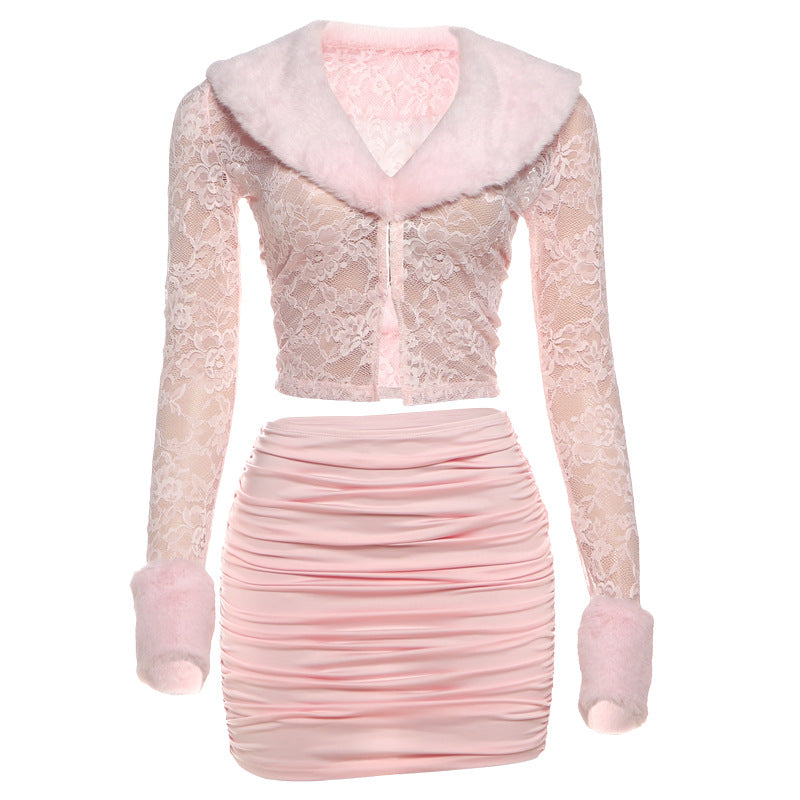 Lace Top and Pleated Skirt Set - Long Sleeve Two Piece - Fashions Envy