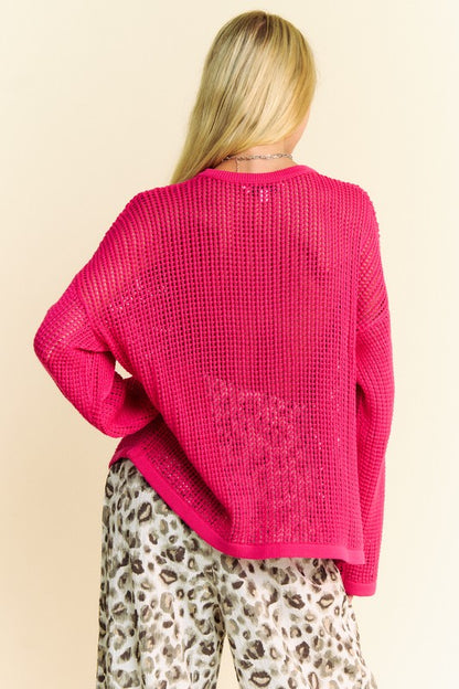 Deep Rose Star Front Crochet Drop Shoulder Knit Top