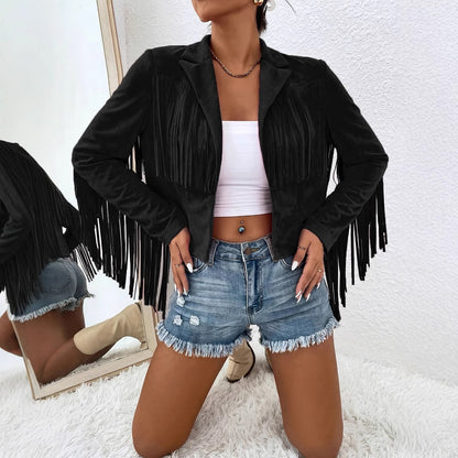 Women's Black V-Neck Fringe Jacket - Long Sleeve Short Coat