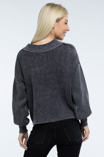 Ribbed Washed Collared Henley Sweater - Fashions Envy