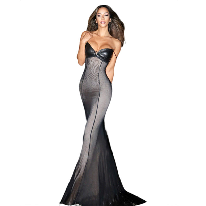 Mesh Splicing Bodycon Dress - Sexy Sleeveless Maxi