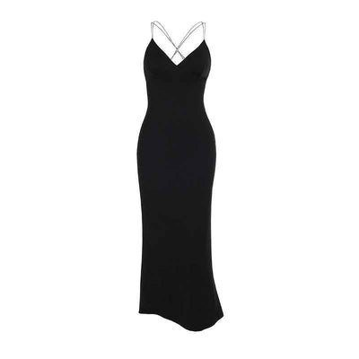 Black Deep V Backless Maxi Dress - Strap High Waist