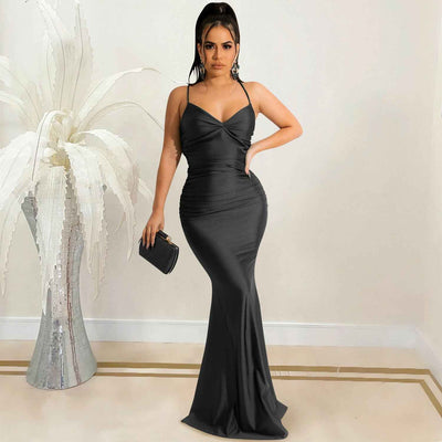 Spaghetti Strap Backless Maxi Dress - Tie Up Bodycon Satin