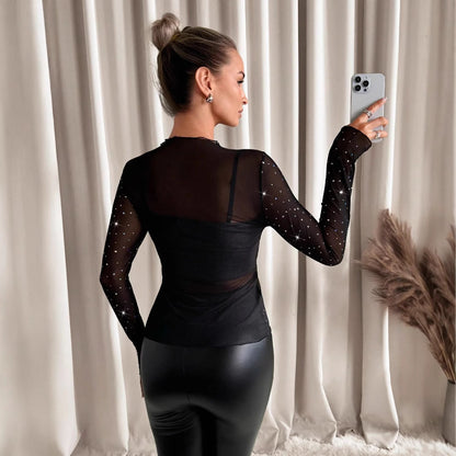 Transparent Mesh Top - Rhinestone Long Sleeve Stand Collar