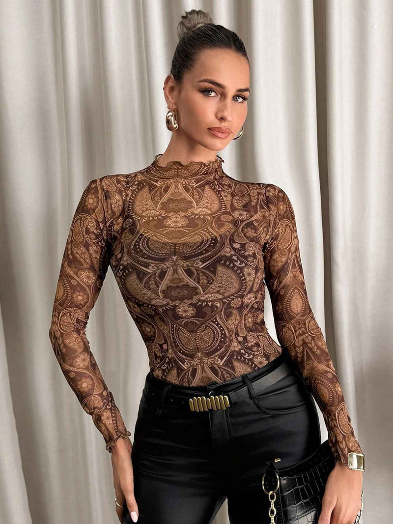 Small Stand-up Collar Blouse - Long Sleeve Mesh Top
