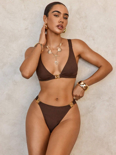 Triangle Bikini - Metallic Coffee Brown Tie-Side - Fashions Envy
