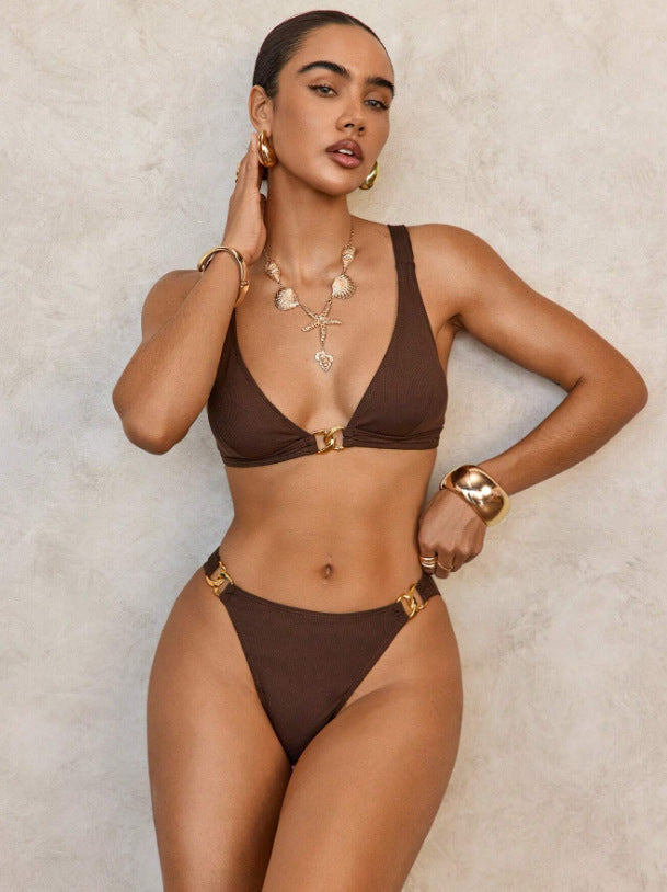 Triangle Bikini - Metallic Coffee Brown Tie-Side - Fashions Envy