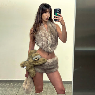 Backless Lace-Up Top and Shorts Set - Khaki Two Piece - Fashions Envy