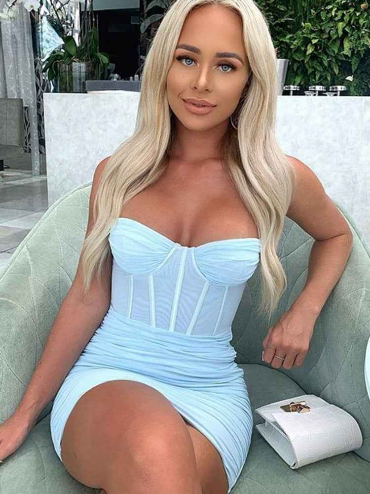 Sheer Mesh Mini Dress - Ruched Spaghetti Strap Bodycon