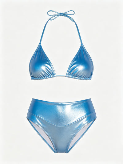 Metallic Shine High-Waist Bikini -  Blue Halter Neck Swimsuit