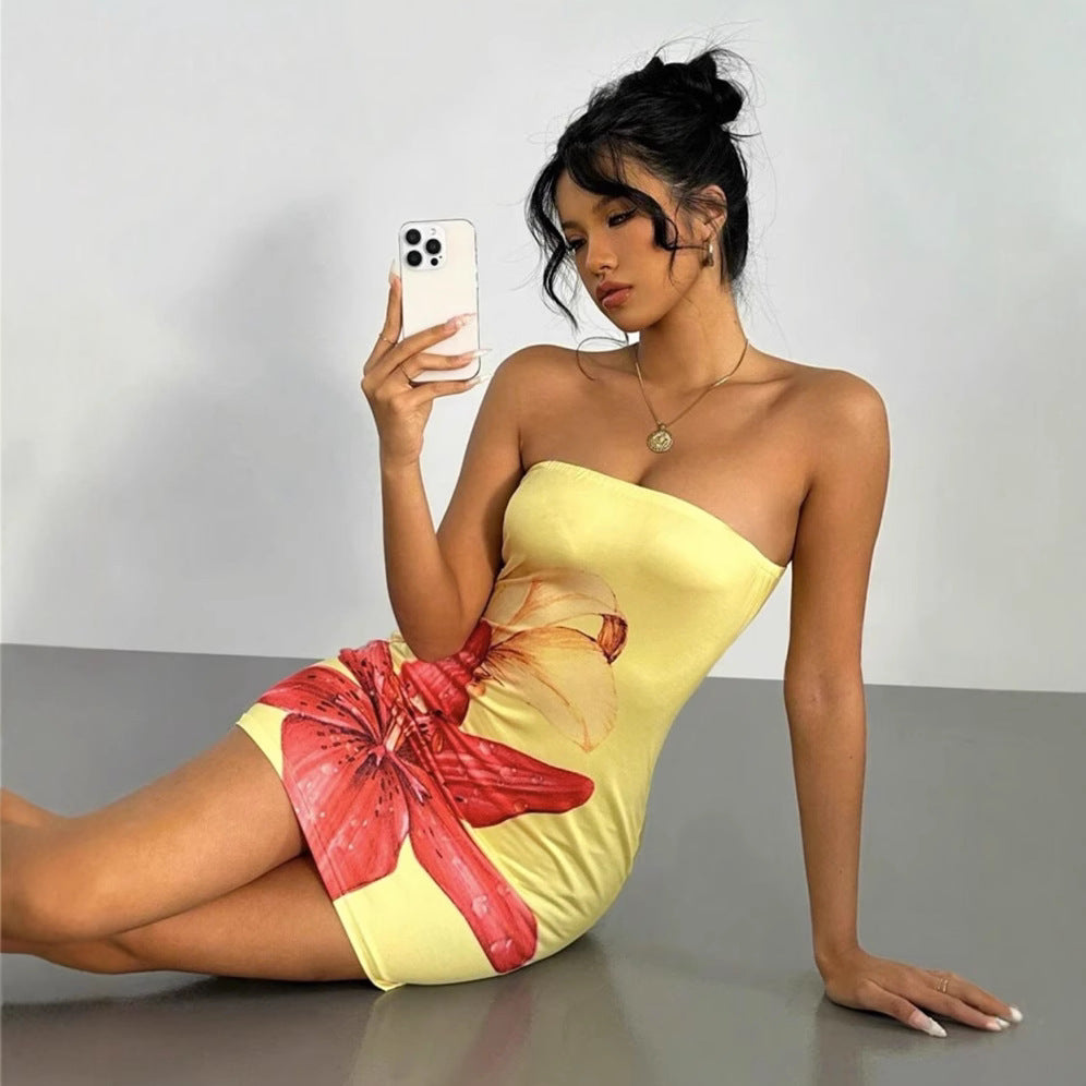 Floral Bodycon Mini Dress - Strapless Waist-cinching