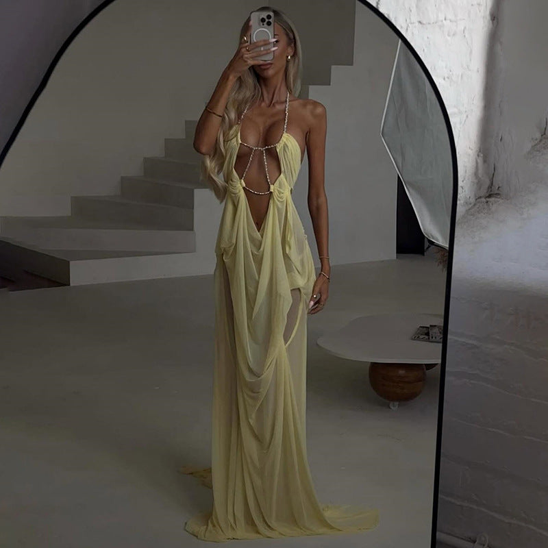 Sleeveless Cut-out Maxi Dress - Mesh Sheer Low-Cut Halter