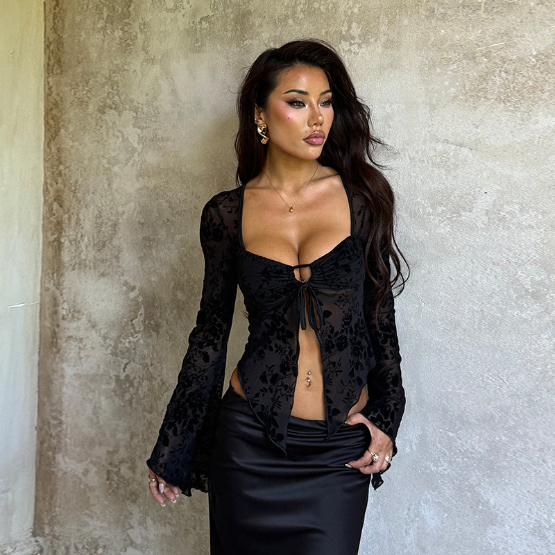 Long Sleeve Square Neck Top - Fitted Pullover