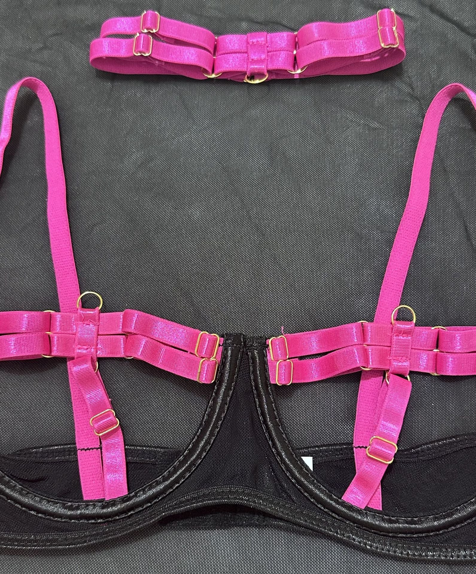 Two-Color Splicing Lingerie Set - Three-Piece Strap - Fashions Envy