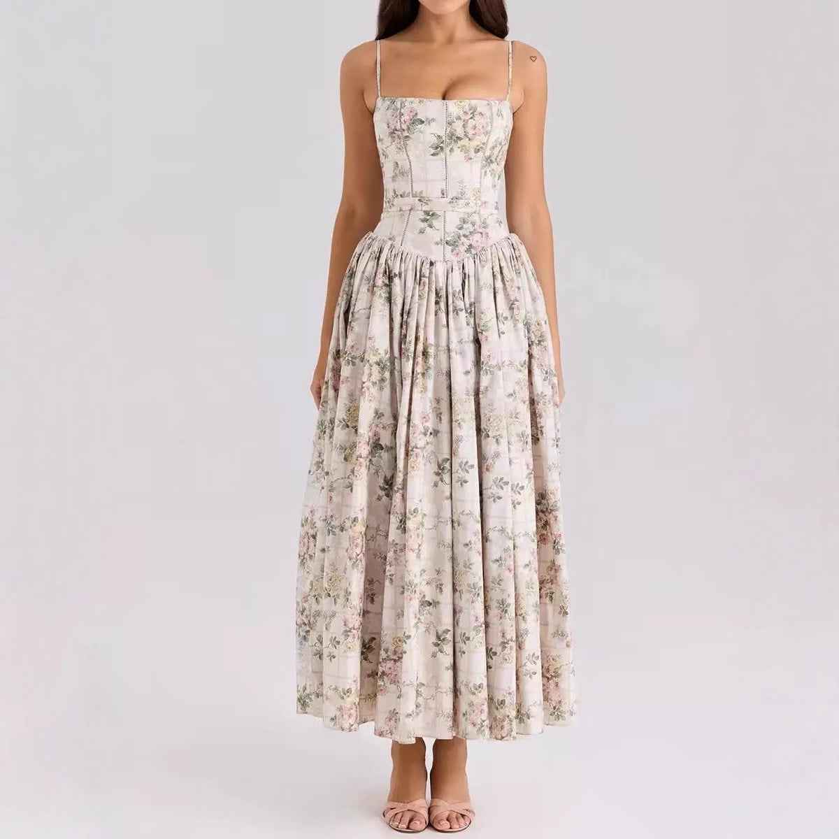 Floral Cami Maxi Dress - Cinched Waist A-Line Spaghetti Strap