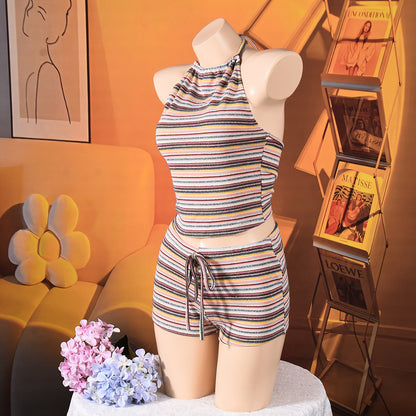 Striped Halter Crop Top and Shorts Set - Multicolor Outfit