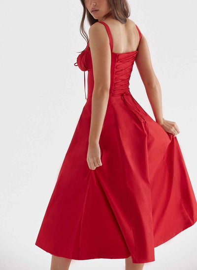Corset Lace-Up Back Midi Dress - Wide Strap Side Slit