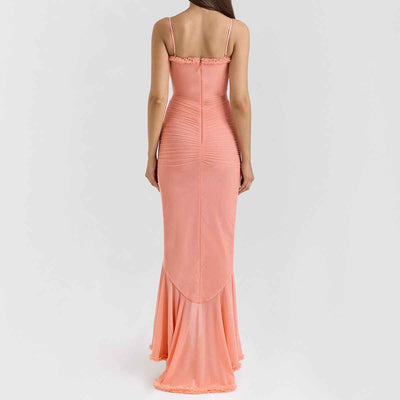 Spaghetti Strap Mesh Maxi Dress - Layered Irregular Hem