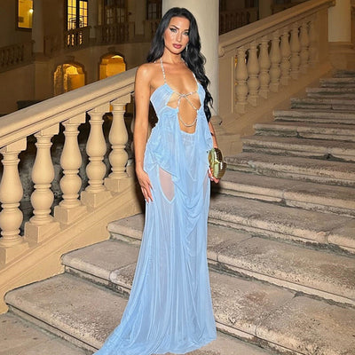 Sleeveless Cut-out Maxi Dress - Mesh Sheer Low-Cut Halter