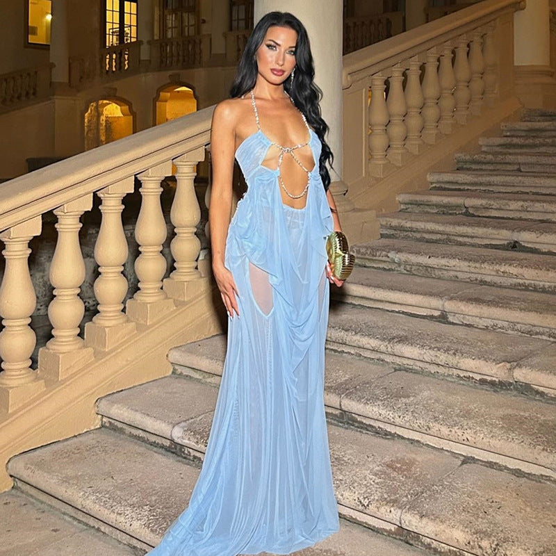 Sleeveless Cut-out Maxi Dress - Mesh Sheer Low-Cut Halter