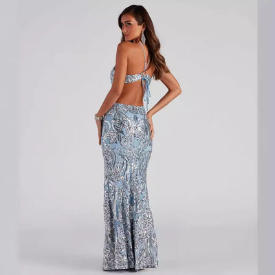 Sequin Maxi Dress - Open Back V-Neck Evening Gown