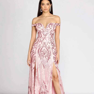 Pink Sequin Maxi Dress - Deep V-Neck Floor Length Gown