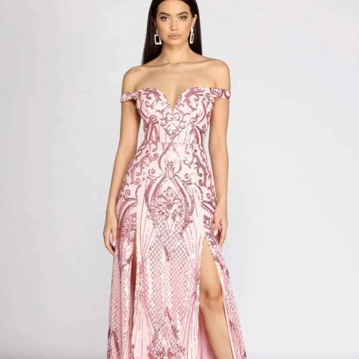 Pink Sequin Maxi Dress - Deep V-Neck Floor Length Gown