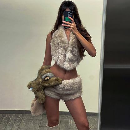 Backless Lace-Up Top and Shorts Set - Khaki Two Piece - Fashions Envy