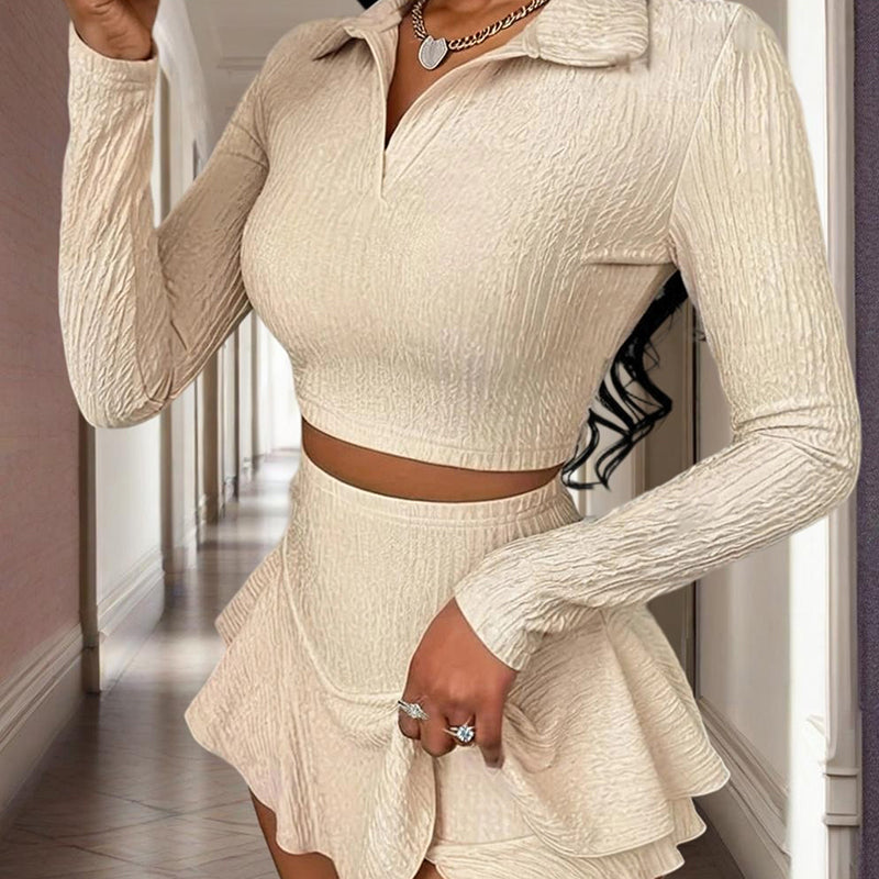 Women's Solid Color Lapel Crop Top & Asymmetrical Ruffle Skirt Set