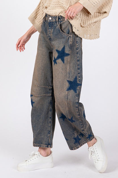 Dark Denim Star Wide Leg Jeans with Pockets