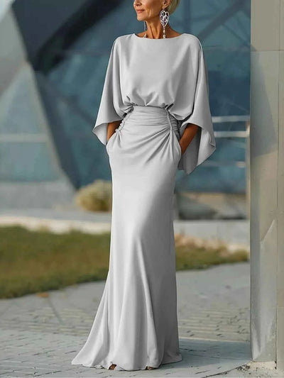 Batwing Sleeve Ruched Maxi Dress - Elegant Gown