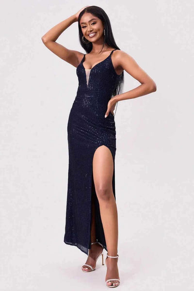 Navy Sequin Backless Maxi Dress - Spaghetti Strap High Slit
