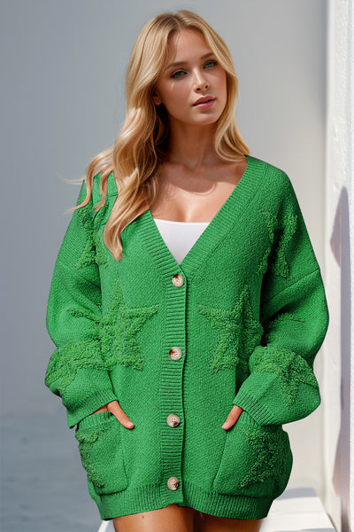 Double Take Full Size Button Up Star Pattern Cardigan - Fashions Envy