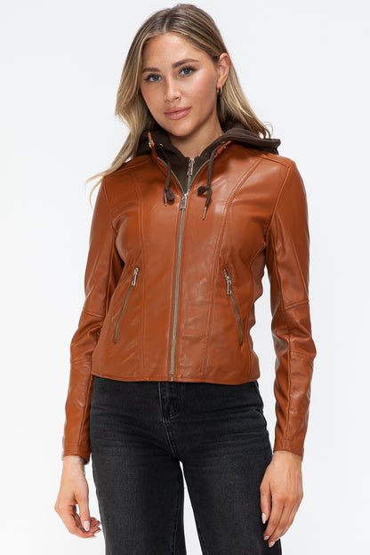 Camel Faux Leather Zip Up Drawstring Hooded Jacket