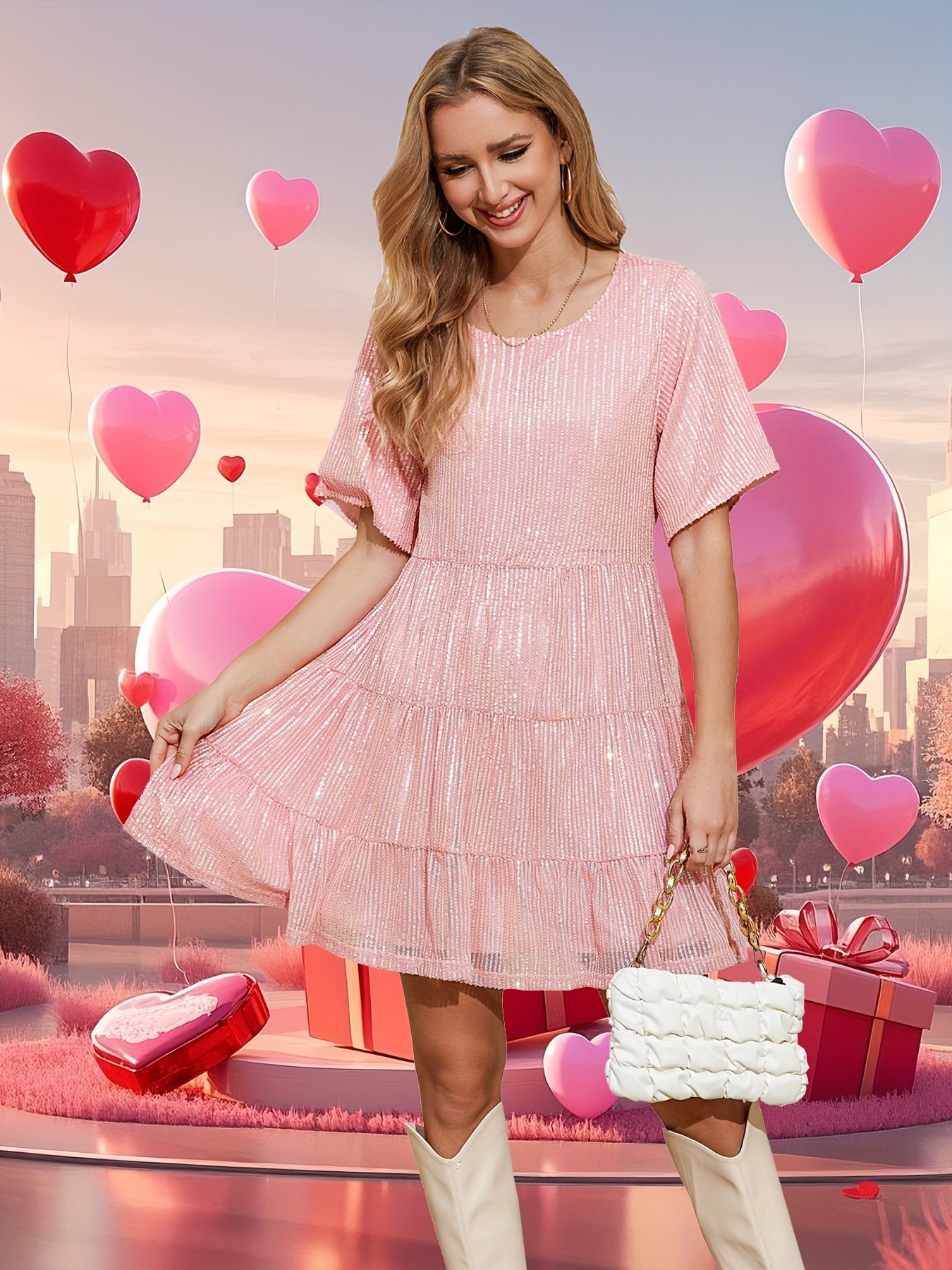 Pink Sparkly Sequin Babydoll Mini Dress - Glittery Tiered Summer Party & Club Dress