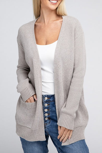 Melange Open Front Sweater Cardigan with Front Pockets