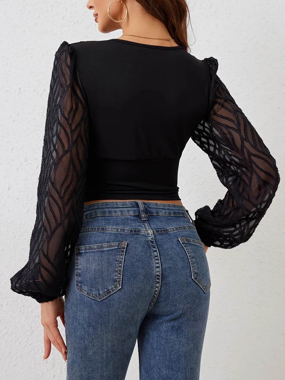 Lace Patchwork Plunge Long Sleeve Blouse - Elegant Statement Top - Fashions Envy