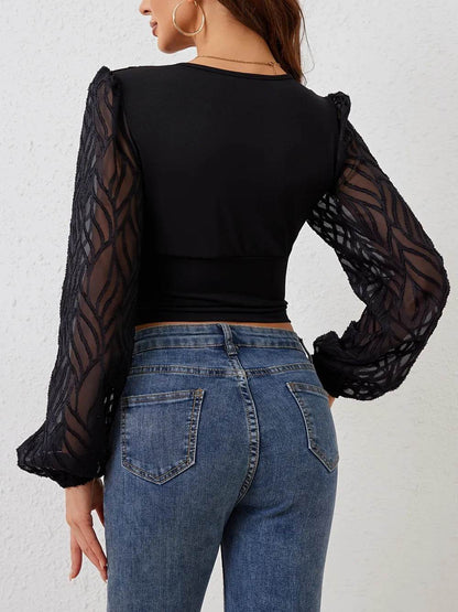 Lace Patchwork Plunge Long Sleeve Blouse - Elegant Statement Top - Fashions Envy